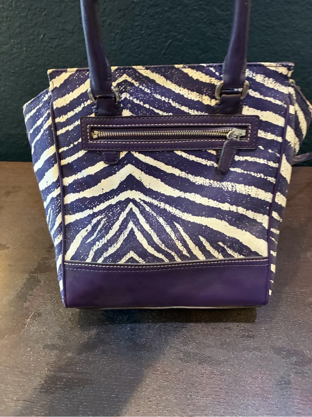 Coach Purple and White Zebra-Print Leather Satchel with Removable Strap